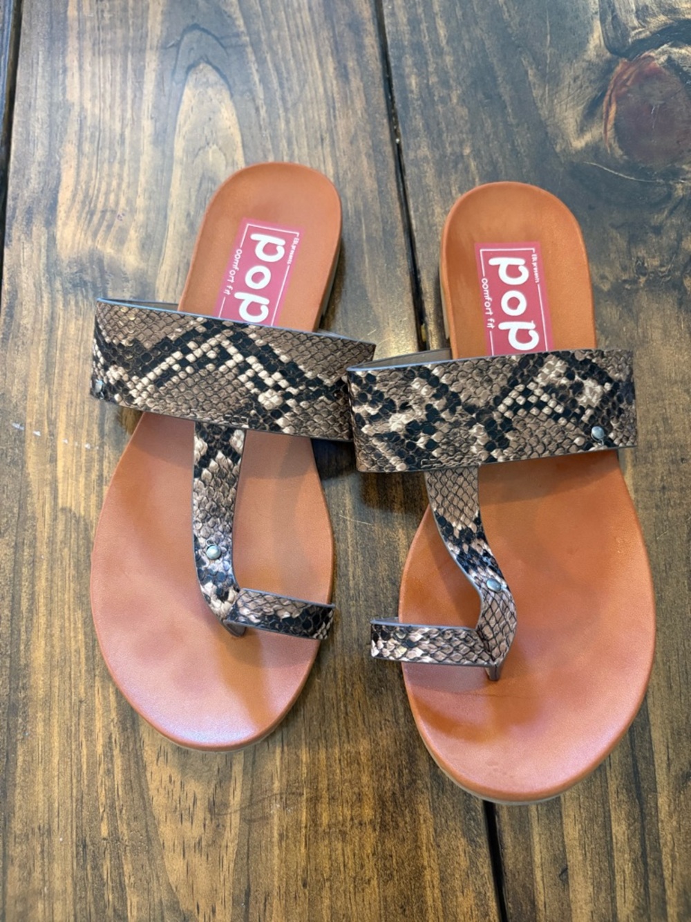 pop Brown Snake-Print Toe-Loop Slide Sandals